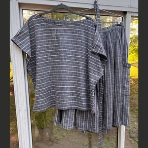 Pana Mina Blue & White Striped Full Linen Skirt w/Matching Boxy Top Size 3X
